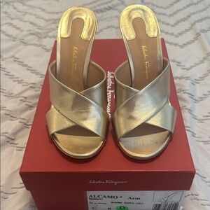 Salvatore Ferragamo Gold F Heel Sandal